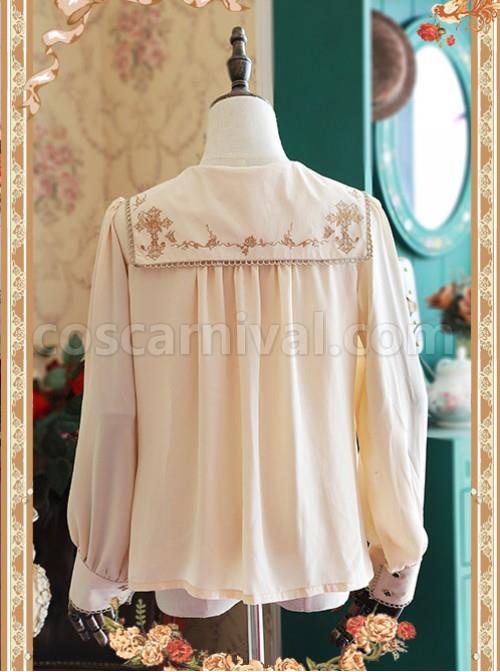 Mocha Color Crucifix Chiffon Embroidery Square Neckline Lolita Long Sleeve Shirt coscarnival