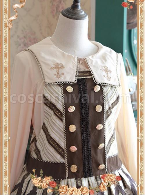 Mocha Color Crucifix Chiffon Embroidery Square Neckline Lolita Long Sleeve Shirt coscarnival
