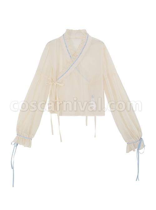 Moon Rabbit Tea Shop Series Chinese Style Improved Hanfu Pleated Lace Trim Loose Cuffs Classic Lolita Inner Blouse coscarnival