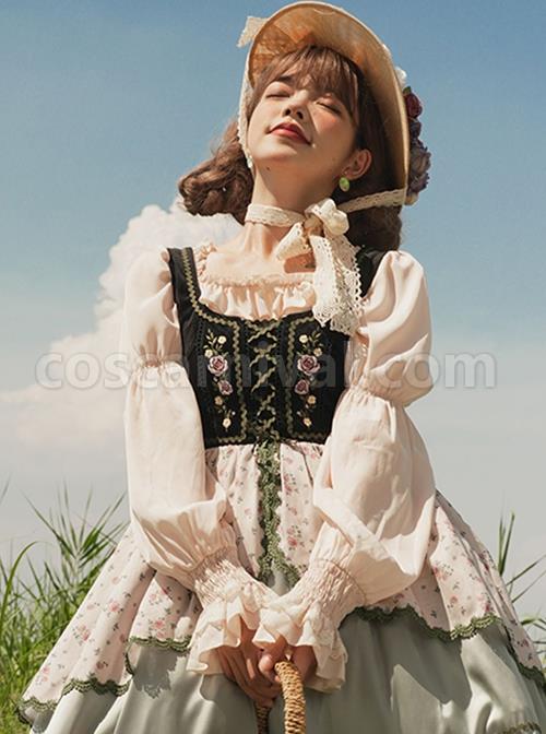 Mountain Gardenia Series Ruffles Retro Square Neck Classic Lolita Puff Long Sleeve All-Match Inner Shirt coscarnival