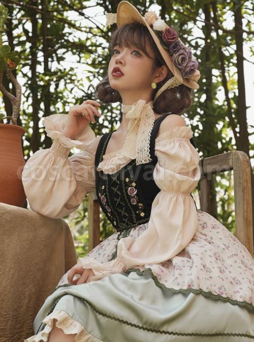 Mountain Gardenia Series Ruffles Retro Square Neck Classic Lolita Puff Long Sleeve All-Match Inner Shirt coscarnival
