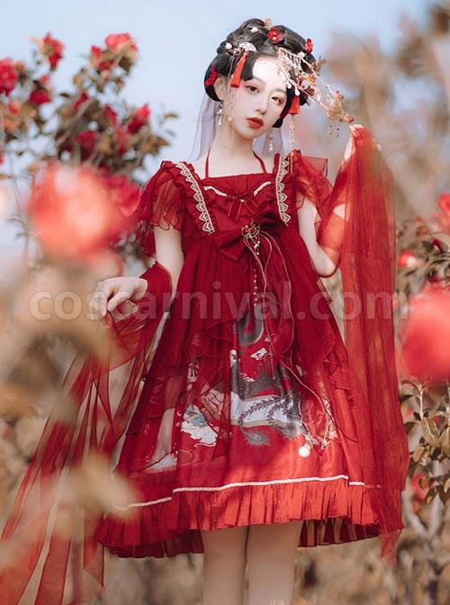 Mountain-River-Roll-Series-Chinese-Style-Summer-Artistic-Conception-Print-Lace-Bowknot-Decorative-Red-Classic-Lolita-Dress-coscarnival-2491
