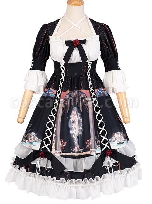 Narkissos-Series-Printing-Retro-Black-Classic-Lolita-Short-Sleeve-Dress-coscarnival-5000