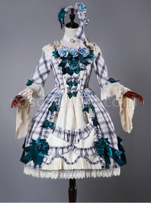 Neckline-Lace-Embroidery--Blue-High-Waist-Skirt-Dress-coscarnival-4995