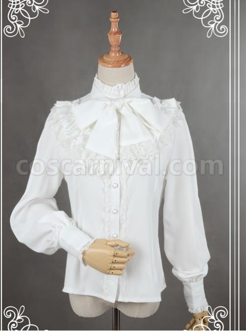 Neverland White High Collar Bowknot Lantern Sleeve Lolita Blouse coscarnival