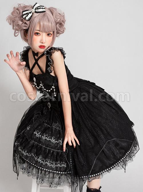 Night Elf Series JSK Black Lace Retro Elegant Gothic Lolita Sling Dress coscarnival