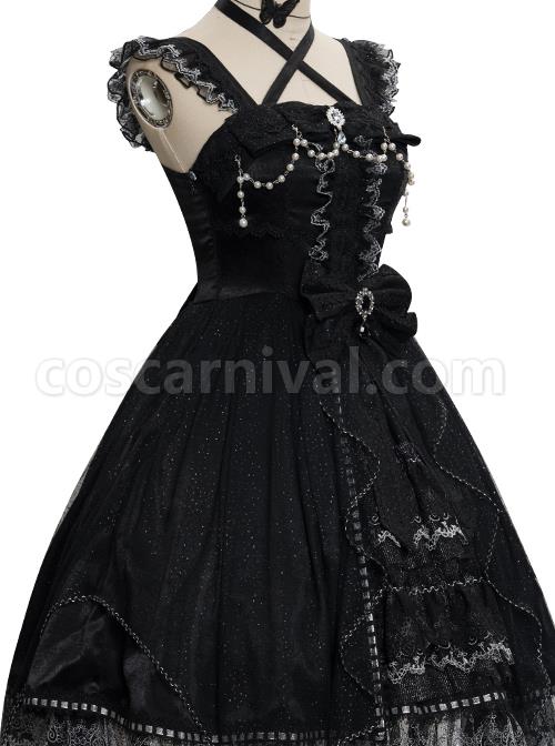 Night Elf Series JSK Black Lace Retro Elegant Gothic Lolita Sling Dress coscarnival