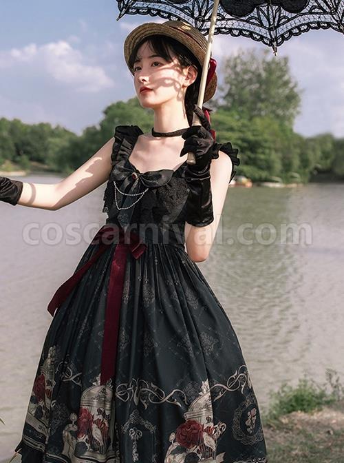 Nightingale And Rose Series Vintage Birdcage Print Bow Knot Ruffle Gothic Lolita Sleeveless Dress coscarnival