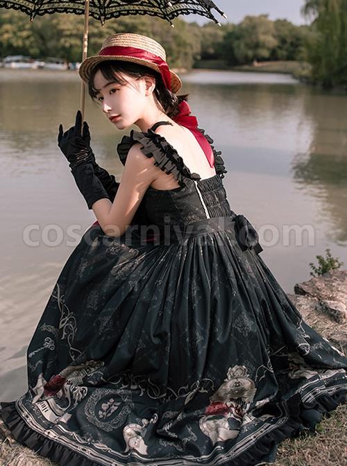 Nightingale And Rose Series Vintage Birdcage Print Bow Knot Ruffle Gothic Lolita Sleeveless Dress coscarnival