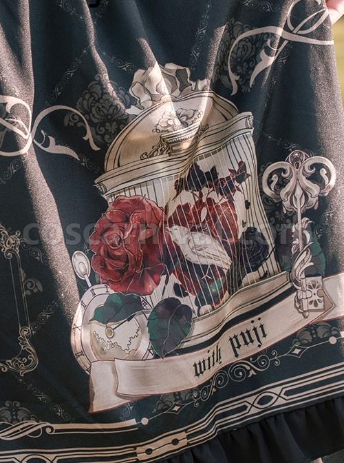 Nightingale And Rose Series Vintage Birdcage Print Bow Knot Ruffle Gothic Lolita Sleeveless Dress coscarnival