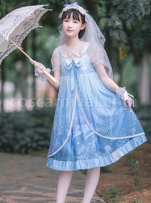 Ocean-Series-Whale-And-Jellyfish-Printing-Classic-Lolita-Blue-Sling-Dress-coscarnival-4163