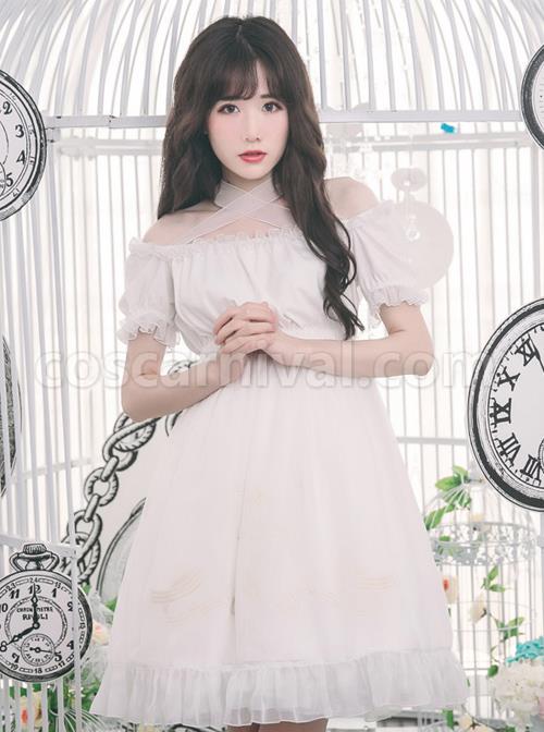 Off-shoulder Cross Bowknot Gothic Lolita Short Sleeve Dress coscarnival