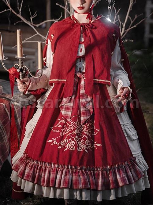 Palace-Little-Red-Riding-Hood-Series-Lace-Ruffled-Plaid-Bowknot-Grey-Wolf-Rose-Embroidery-Christmas-Classic-Lolita-Dress-Cloak-Set-coscarnival-2410