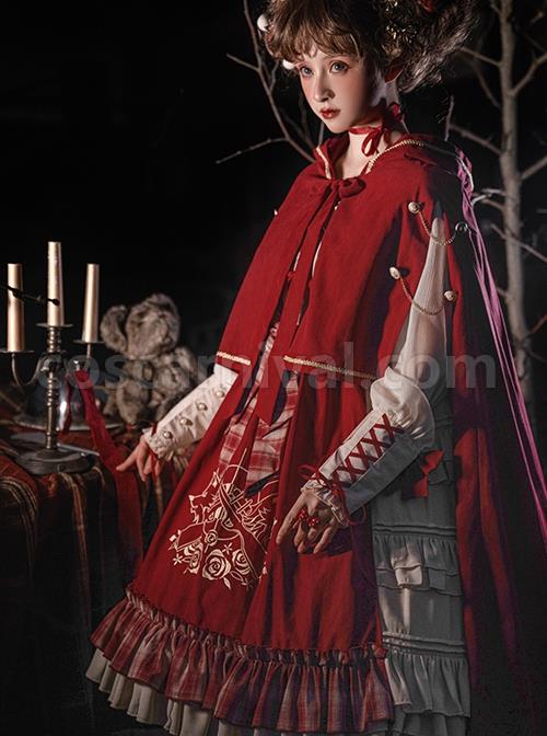 Palace-Little-Red-Riding-Hood-Series-Lace-Ruffled-Plaid-Bowknot-Grey-Wolf-Rose-Embroidery-Christmas-Classic-Lolita-Dress-Cloak-Set-coscarnival-2429