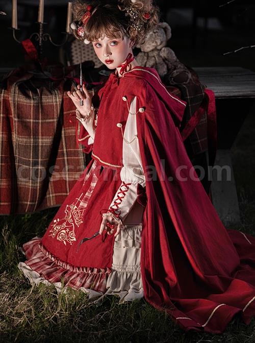 Palace-Little-Red-Riding-Hood-Series-Lace-Ruffled-Plaid-Bowknot-Grey-Wolf-Rose-Embroidery-Christmas-Classic-Lolita-Dress-Cloak-Set-coscarnival-2457