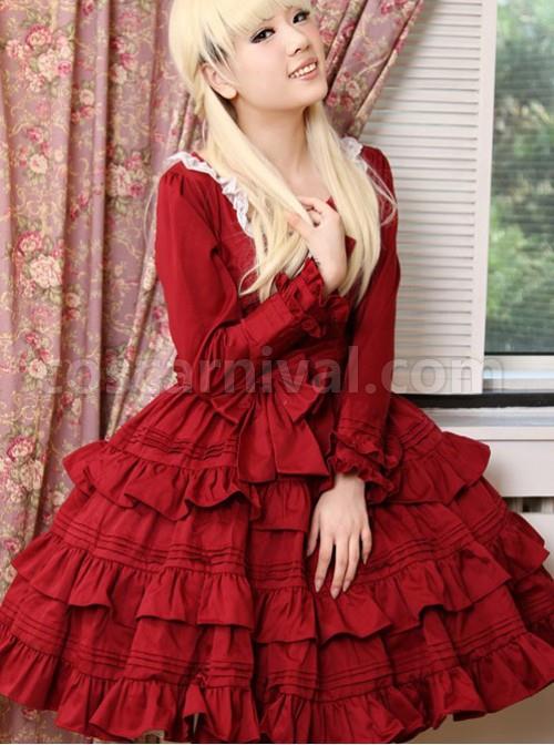 Palace Style Retro Lace Long Sleeve Wine Red Gothic Lolita Dress coscarnival