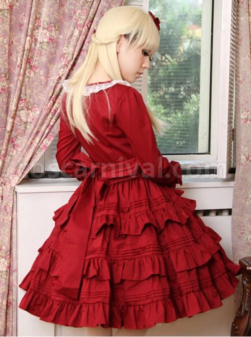 Palace Style Retro Lace Long Sleeve Wine Red Gothic Lolita Dress coscarnival