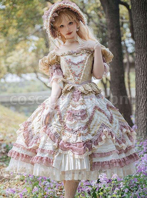 Pastoral-Style-Gorgeous-Yellow-Purple-Floral-Print-Plaid-Bow-Knot-Decorate-Chiffon-Lace-Hem-Classic-Lolita-Short-Sleeve-Dress-coscarnival-2405