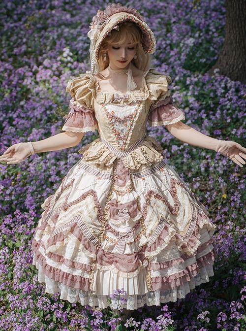 Pastoral-Style-Gorgeous-Yellow-Purple-Floral-Print-Plaid-Bow-Knot-Decorate-Chiffon-Lace-Hem-Classic-Lolita-Short-Sleeve-Dress-coscarnival-2415