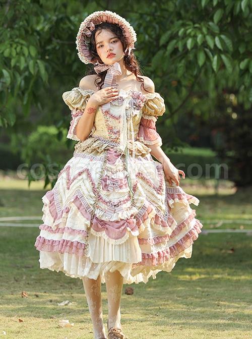 Pastoral-Style-Gorgeous-Yellow-Purple-Floral-Print-Plaid-Bow-Knot-Decorate-Chiffon-Lace-Hem-Classic-Lolita-Short-Sleeve-Dress-coscarnival-2423