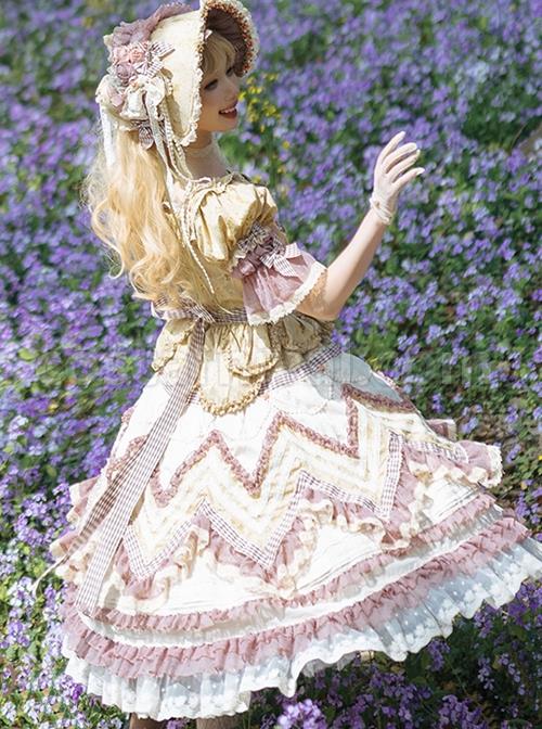 Pastoral-Style-Gorgeous-Yellow-Purple-Floral-Print-Plaid-Bow-Knot-Decorate-Chiffon-Lace-Hem-Classic-Lolita-Short-Sleeve-Dress-coscarnival-2431