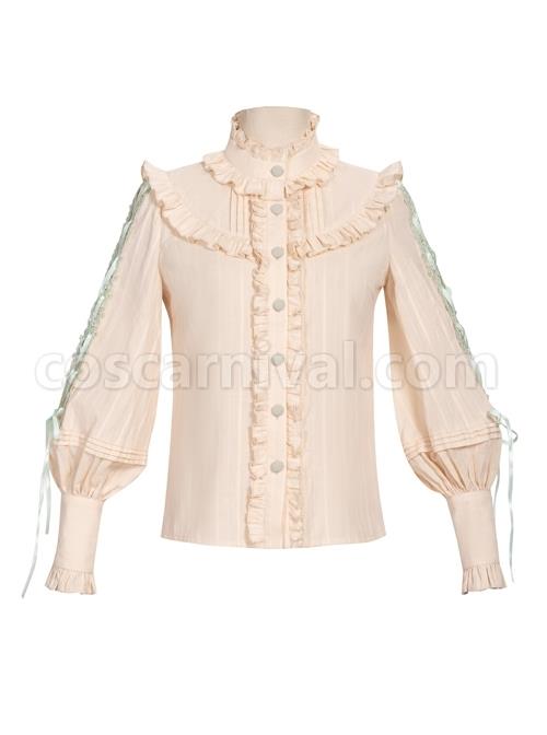 Pastoral Style Stand Collar Light Green Lace Up Apricot Classic Lolita Long Sleeve Shirt coscarnival