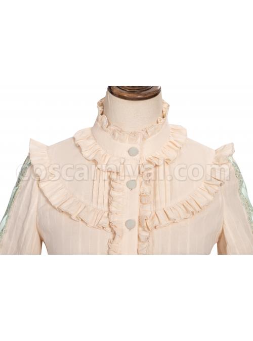 Pastoral Style Stand Collar Light Green Lace Up Apricot Classic Lolita Long Sleeve Shirt coscarnival