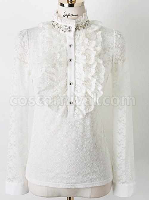 Pearl Small High Collar Lace Lolita Long Sleeve Shirt coscarnival