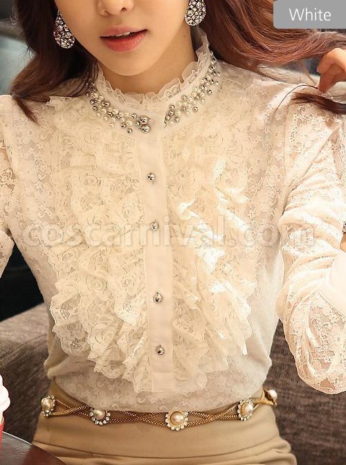 Pearl Small High Collar Lace Lolita Long Sleeve Shirt coscarnival
