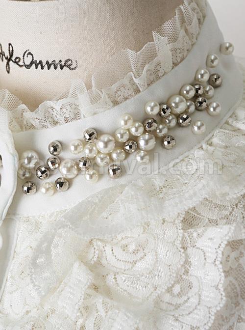 Pearl Small High Collar Lace Lolita Long Sleeve Shirt coscarnival