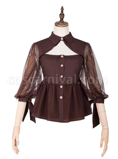 Pharmacist Series Hollow Out Front Chest Brown Lapel Sweet Lolita Half Sleeve Shirt coscarnival