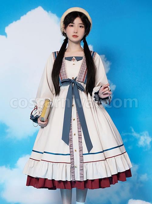 Plaid-Collar-Star-Button-Decoration-Drawstring-Cuffs-Elegant-Autumn-Winter-Classic-Lolita-Long-Sleeved-Dress-coscarnival-1586