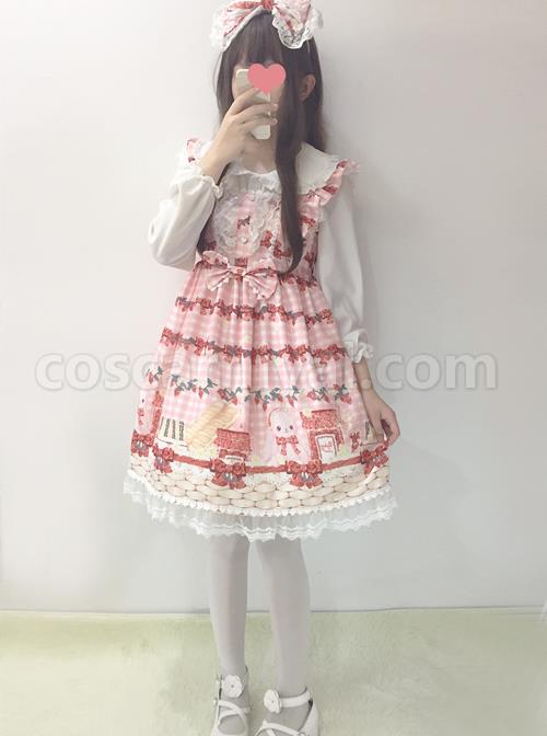 Plaid Strawberry Picnic Rabbit Series Sweet Lolita Sling Dress, front view