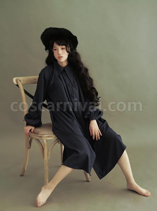Pointed-Collar-Retro-Puff-Sleeves-Long-Shirt-Dress-coscarnival-989