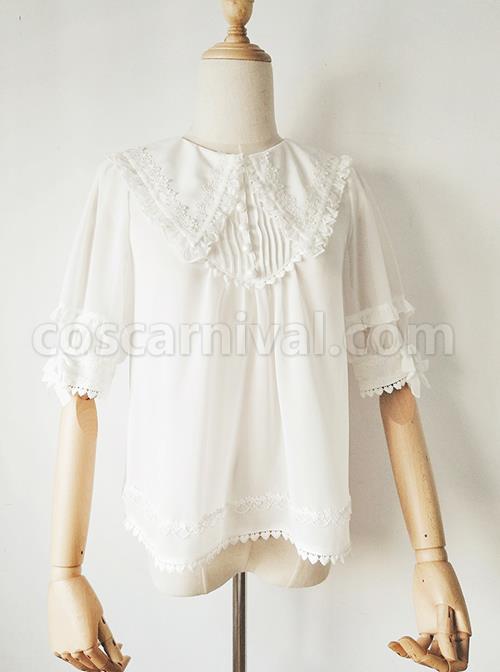 Pointed Collar White Chiffon Sweet Lolita Puff Sleeve Short Sleeve Shirt coscarnival