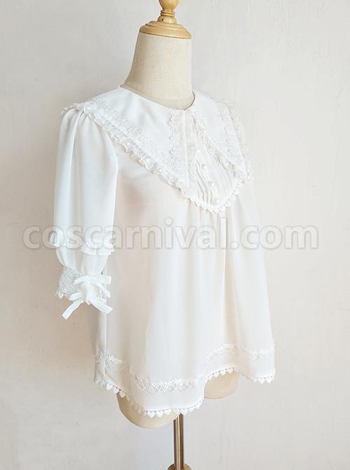 Pointed Collar White Chiffon Sweet Lolita Puff Sleeve Short Sleeve Shirt coscarnival