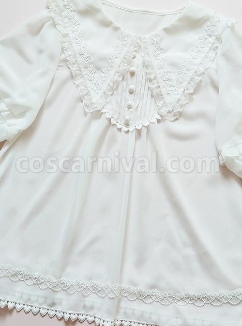 Pointed Collar White Chiffon Sweet Lolita Puff Sleeve Short Sleeve Shirt coscarnival