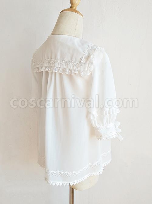 Pointed Collar White Chiffon Sweet Lolita Puff Sleeve Short Sleeve Shirt coscarnival