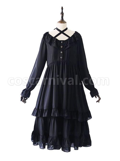 Pure Black Ruffles Gothic Lolita Long Sleeves Dress coscarnival
