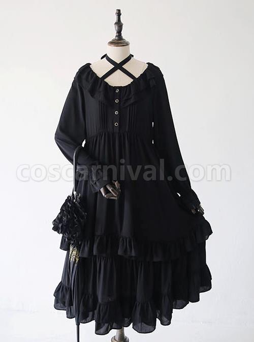 Pure Black Ruffles Gothic Lolita Long Sleeves Dress coscarnival