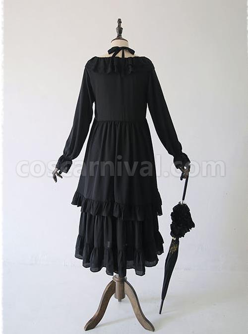 Pure Black Ruffles Gothic Lolita Long Sleeves Dress coscarnival