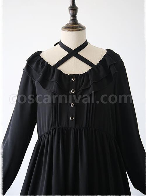 Pure Black Ruffles Gothic Lolita Long Sleeves Dress coscarnival