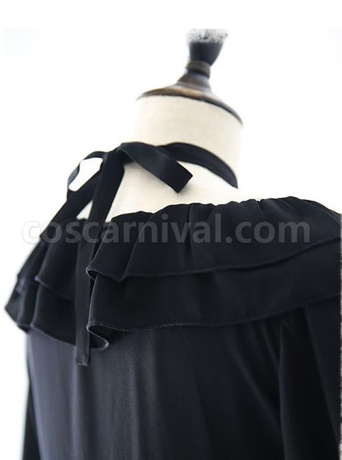 Pure Black Ruffles Gothic Lolita Long Sleeves Dress coscarnival