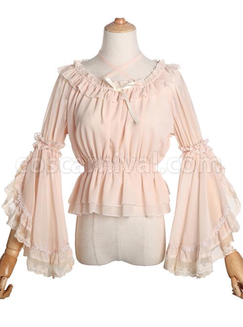Pure Color Chiffon Lace Classic Lolita Trumpet Sleeve Shirt coscarnival