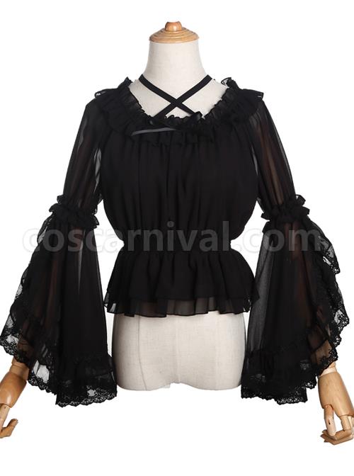 Pure Color Chiffon Lace Classic Lolita Trumpet Sleeve Shirt coscarnival