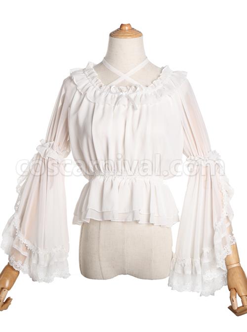 Pure Color Chiffon Lace Classic Lolita Trumpet Sleeve Shirt coscarnival
