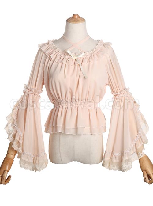 Pure Color Chiffon Lace Classic Lolita Trumpet Sleeve Shirt coscarnival