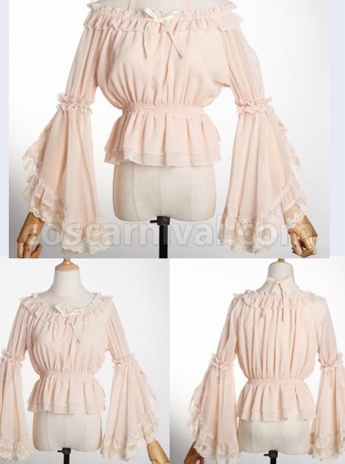 Pure Color Chiffon Lace Classic Lolita Trumpet Sleeve Shirt coscarnival