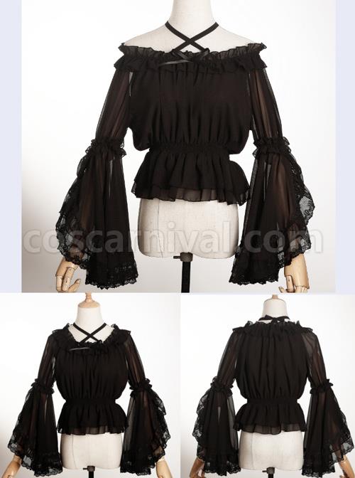 Pure Color Chiffon Lace Classic Lolita Trumpet Sleeve Shirt coscarnival