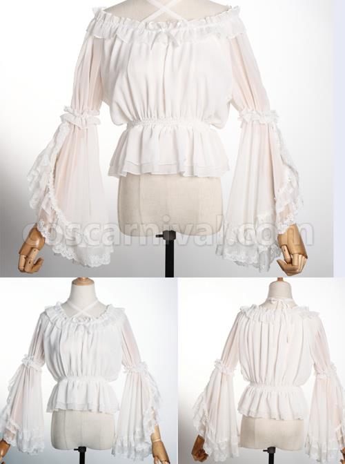 Pure Color Chiffon Lace Classic Lolita Trumpet Sleeve Shirt coscarnival